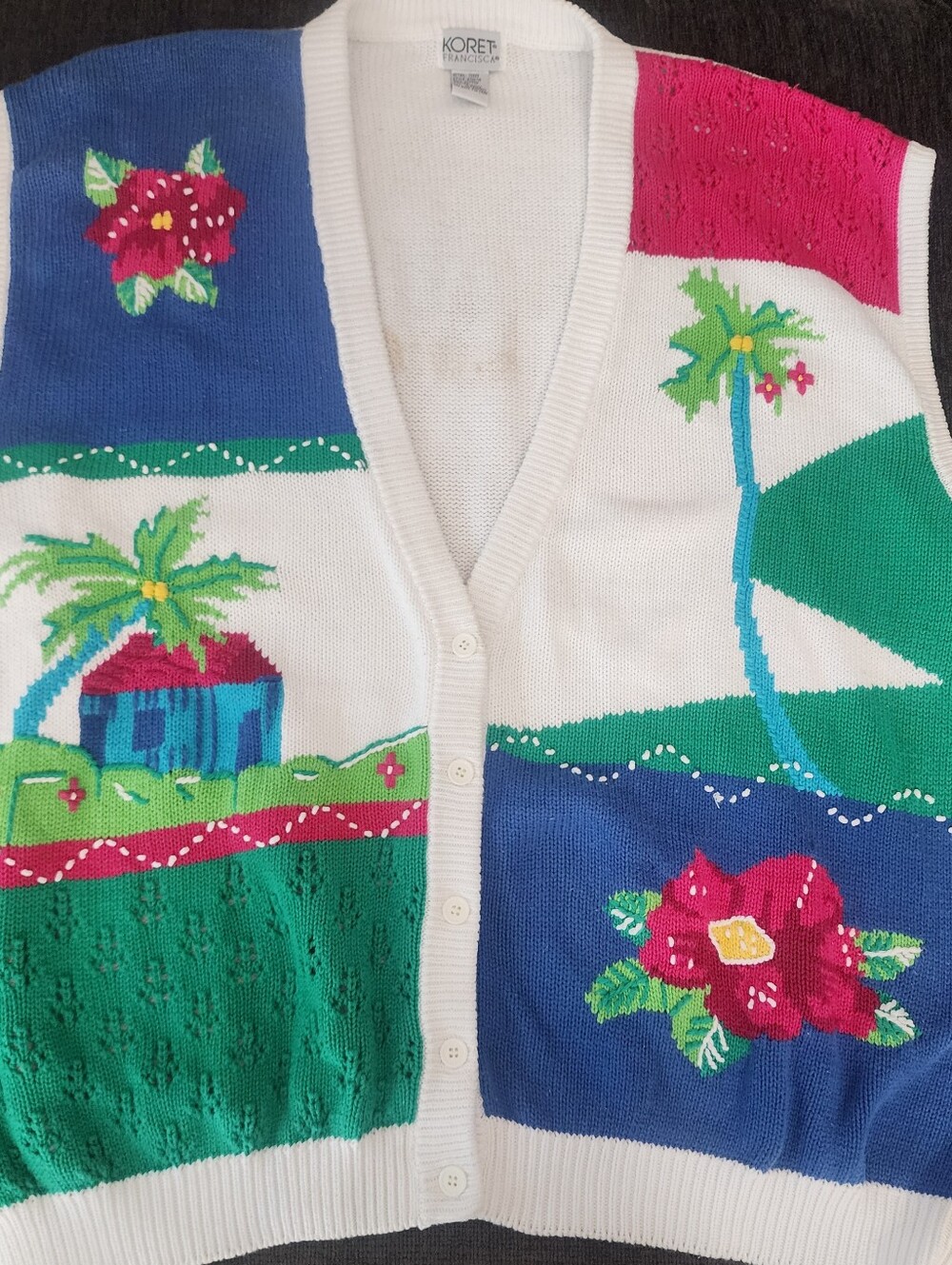 90s‎ Koret Tropical Floral Embroidery Colorblock, Sweater Cardigan Vest, Sz 3X